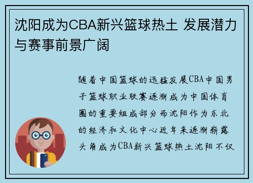 沈阳成为CBA新兴篮球热土 发展潜力与赛事前景广阔