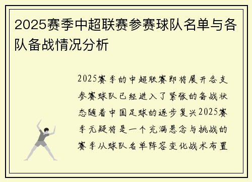 2025赛季中超联赛参赛球队名单与各队备战情况分析